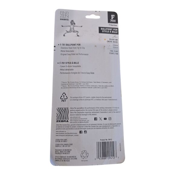 3-Pack Zebra F-701 Ballpoint Pens + 2 bonus refills - Stainless Steel -Black Ink - Picture 2 of 5